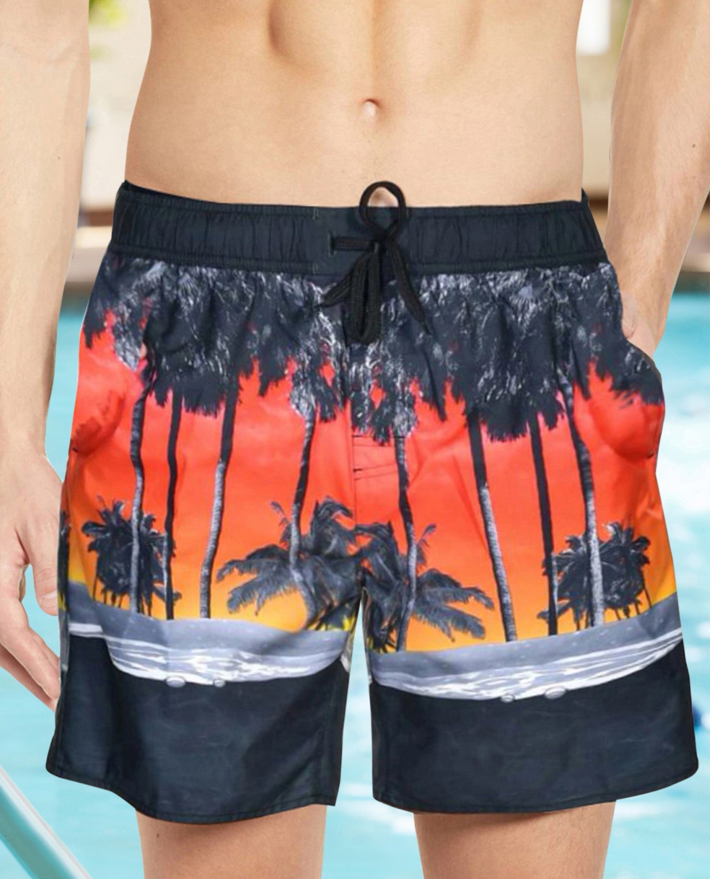 Front View Of CHLORINE RESISTANT US APPAREL PALM FISH PRINTED MENS SWIM TRUNKS | BLK US APPAREL PALM FISH