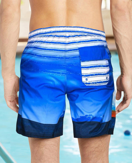Back View Of CHLORINE RESISTANT US APPAREL SUN STRIPE PRINTED MENS SWIM TRUNKS | NVY US APPAREL SUN STRIPE